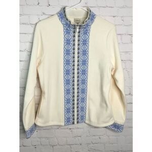 LL Bean Women’s Medium M Jacket‎ Sweater Ivory Nordic Zip Up Fleece Fair Isle
